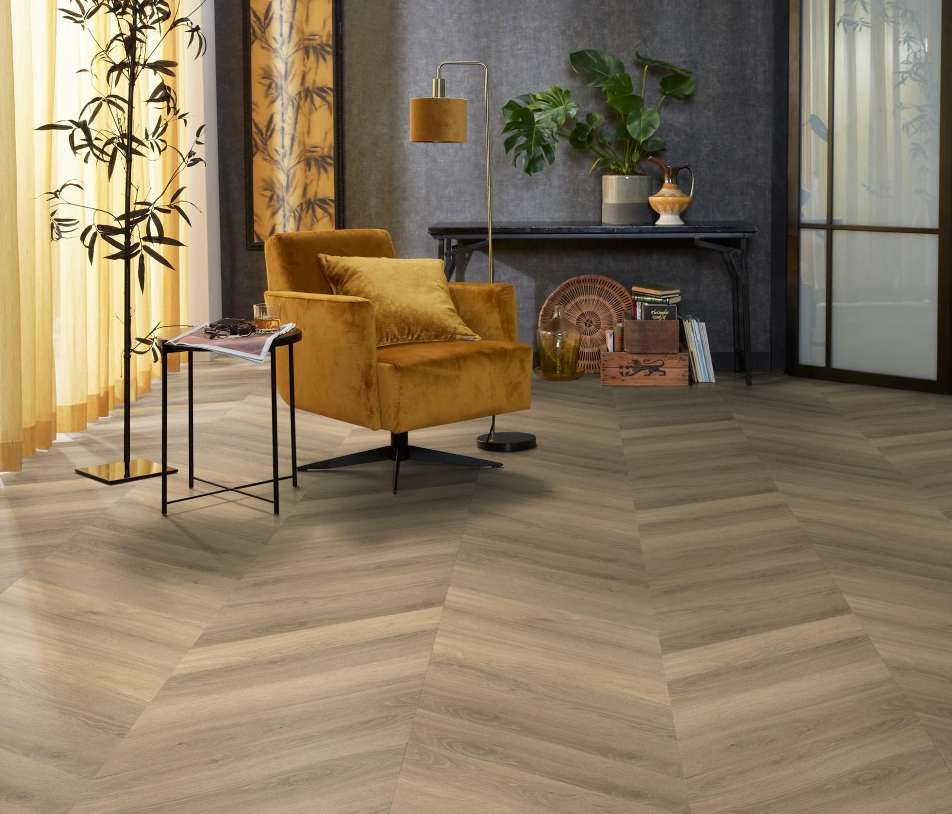 Floorlife Yup Chevron Paddington Beige Dryback PVC hongaarse punt - Solza.nl