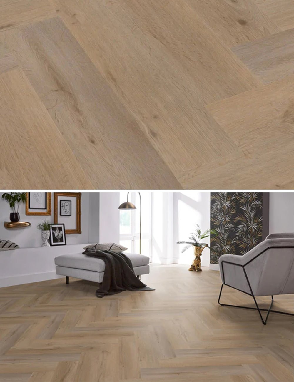 Floorlife Yup Leyton Herringbone Natural Oak Dryback PVC - Visgraat grijs/bruin - Solza.nl