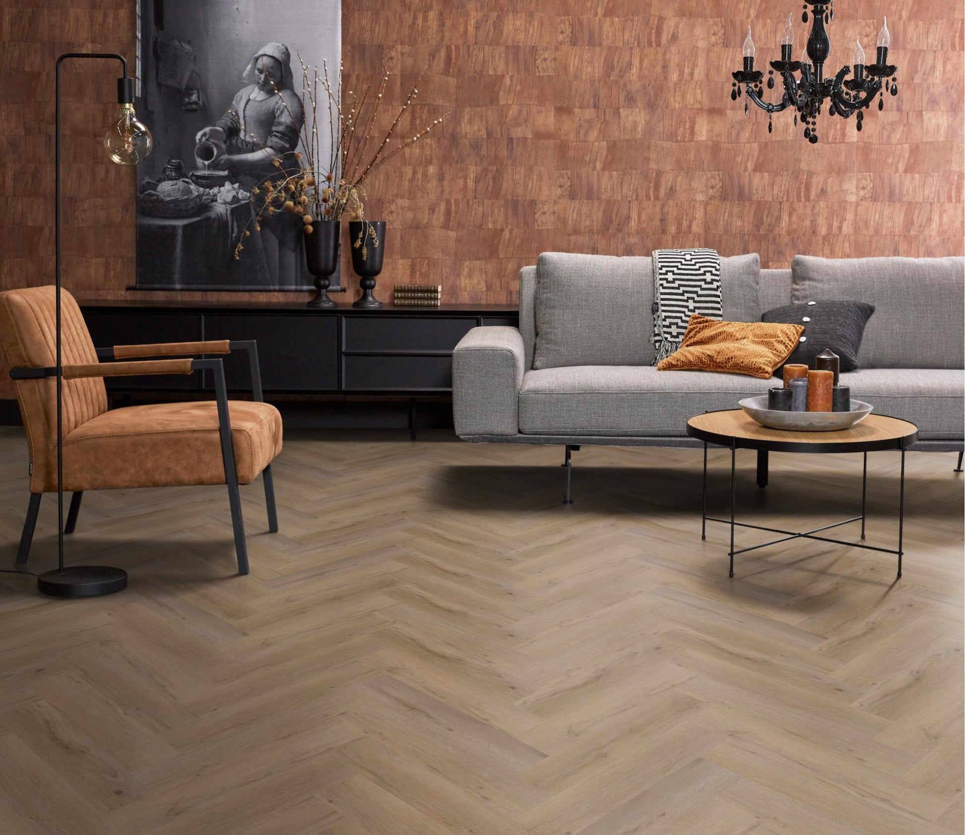 Floorlife Yup Leyton Herringbone Natural Oak Dryback PVC - Visgraat grijs/bruin - Solza.nl